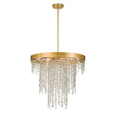 a gold chandelier with crystal drops hanging from the bottom, on a white background