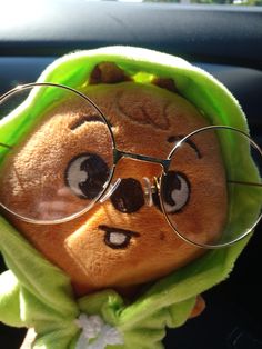 a brown teddy bear wearing glasses and a green hoodie on top of it's head