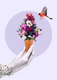 a person's hand holding a basket with flowers and a bird flying over it