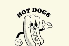 a hot dog cartoon character with the words hot dogs on it