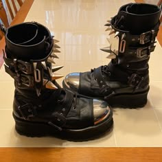 Demonia Gravedigger Boots Gravedigger Demonia, Metalhead Boots, Metal Aesthetic Outfit, Demonia Gravedigger, Alt Boots, Boots With Spikes, Metal Boots, Emo Boots