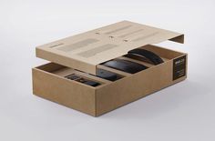 an open cardboard box with two black mouses in it