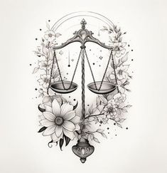 a drawing of a balance scale with flowers on it