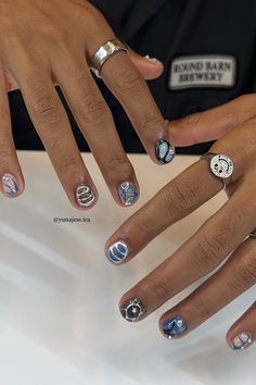 3d chrome mens manicure with blue airbrush aura nail art. trendy nail inspo edgy nails short nail design Stud Nail Designs, Dark Acrylic Nails, Gel Manicure Designs, Biab Nails, Blue Chrome Nails, 3d Chrome, Blue Gel Nails, Chrome Nail Art