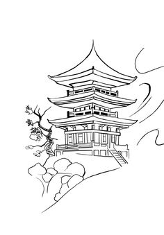 an ink drawing of a pagoda on a hill with trees and clouds in the background