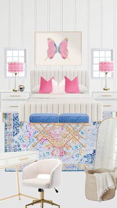 a bedroom with white furniture and pink pillows on the bed, along with other accessories