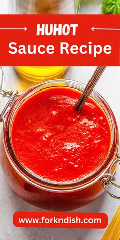 a jar filled with red sauce next to pasta noodles and parsley on the side