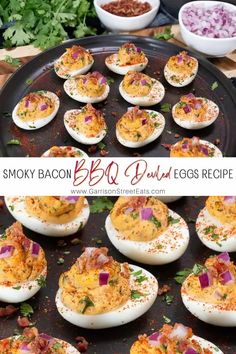 smoked bacon and deviled eggs on a black plate with red onion garnish