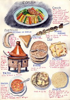 a drawing of different types of food on a plate with words written in spanish and english