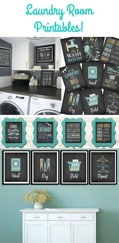 the laundry room printables are on display in front of a washer and dryer