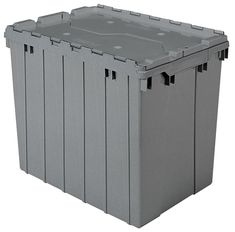 a gray plastic storage container with four separate compartments on the top and bottom, shown from the front