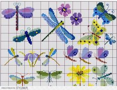 a cross stitch pattern with dragonflies and flowers