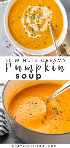 two pictures of pumpkin soup with text overlay