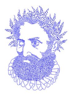 a drawing of a man with a beard and flowers on his head, in blue ink