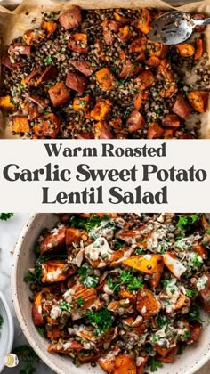 roasted garlic sweet potato lentil salad in a bowl