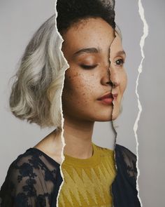 a woman's face is torn apart from the image, and she has her hair pulled back