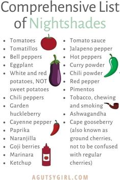 Night Shades List, Aip Diet List, Night Shades And Inflammation, Nightshades List, Autoimmune Diet Recipes, Nightshade Vegetables, Nightshade Free Recipes, Anti Inflamatory, Autoimmune Paleo Recipes