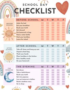 the back to school checklist is shown in pink, blue and white with hearts on it