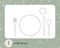 a table setting with utensils and a plate on it, surrounded by snowflakes