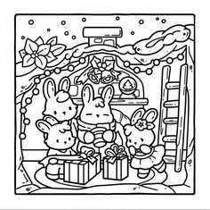 a black and white drawing of some cartoon animals with presents in front of a christmas tree