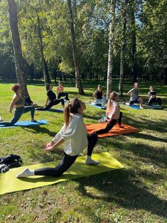 a group of people are doing yoga in the park on their stomachs and arms