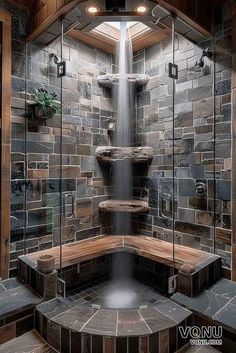 Rock Waterfall Shower Master Bath, Waterfall Shower Bathroom, Rock Shower Ideas, Garage Sauna, Stone Bathroom Ideas, Stone Shower Ideas, Basement Spa, Natural Stone Interior, Nice Bathrooms