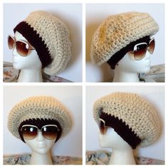 four pictures of a crocheted hat with sunglasses