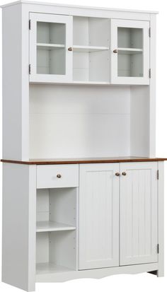 a white kitchen cabinet with two doors and cupboards on one side, an open shelf to the other