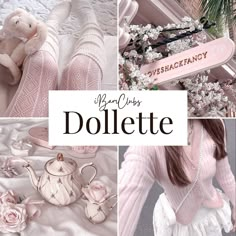 a collage of photos with dolls, flowers and teapots in pink tones