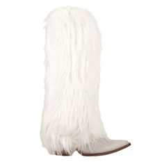 Unleash your "Bad and Boujee" style with the Snuggles leather boot. This 18-inch showstopper will have you cozy and stylish this season. The suede leather vamp is beautifully accented with a fluffy faux fur shaft, creating a luxurious and eye-catching contrast. With a 2 1/2-inch heel and a sleek snip toe, these boots are not just a statement piece; they're a fashion essential for those who dare to stand out. Size: 7.  Color: White.  Gender: female.  Age Group: adult. Boujee Style, Cowboy Casual, Bad And Boujee, Knee High Heels, Tall Fashion, Western Boots Women, Cowboy Boots Women, Fashion Heels, 2 Inch Heels