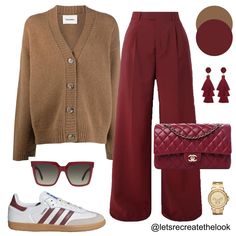 Burgundy Trousers - 10 Outfit Ideas 🐙 Here are 10 more colors that pair well with burgundy! Which is your favorite? As fall approaches it’s time to break out our sweaters. Instead of just pairing them with jeans, here’s a reminder that wide leg trousers are a more elevated option but just as comfortable! So for an elevated casual look, try pairing your sweaters with your trousers! You can still wear your sneakers with them! 😉 So save this post for style inspiration and look in your closet to... Wine Color Pants Outfit, Burgundy Joggers Outfit, Red Pants Outfit Winter, Wine Colored Pants Outfit, Burgundy Blazer Outfit Woman, Burgundy Sneakers Outfit, Burgundy Jeans Outfit