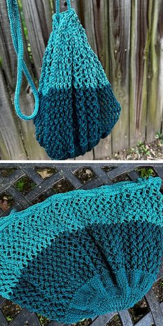 two pictures showing the same bag as they are in different stages of being crocheted