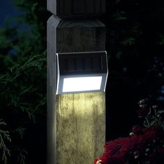 a light shines on the side of a wooden post in front of some flowers