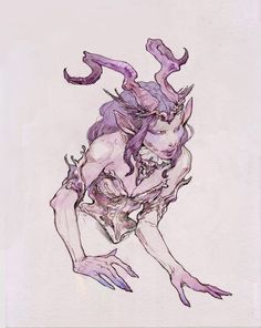 a drawing of a demon with purple hair and horns on it's back legs