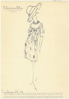 a drawing of a woman in a dress and hat with the words christian dior on it