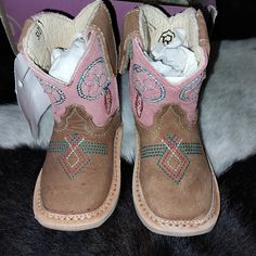 Infant Girl's Western Cowboy Boots, Roper Cowbabies. Dream Catchers On The Shaft Of The Boots And Light Tan Tops. Nwt Never Worn. Size 1 Adjustable Brown Boots With Round Toe, Brown Adjustable Round Toe Boots, Cute Brown Closed Toe Booties, Toddler Cowboy Boots, Baby Cowboy Boots, Girls Cowgirl Boots, 1st Rodeo, Roper Cowboy Boots