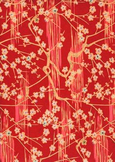 a red background with white and yellow flowers on it's branches, in the middle of which is dripping paint