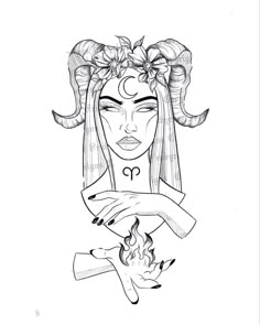 a drawing of a woman with horns on her head and hands around her neck, holding a