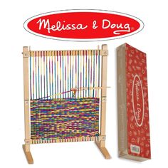 a weaving kit with the box next to it and an advertisement for mellisa & doug