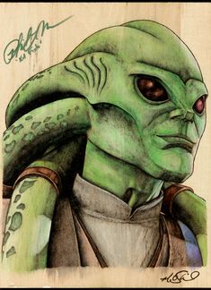 a drawing of an alien with green skin and brown eyes, holding his head in one hand