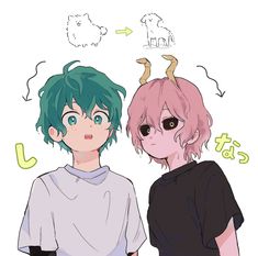 two anime characters are standing next to each other with horns on their heads and one has green hair