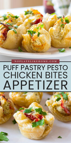 Learn how to make these easy puff pastry pesto chicken bites and add them to your New Year's Eve food ideas! This pesto chicken appetizer is filled with chicken, cream cheese, pesto, mozzarella cheese, and sundried tomatoes. Ready in only 30 minutes! Chicken Bites Appetizers, Meaty Appetizers, Chicken Appetizer, Pastry Appetizer, Puff Pastries, Chicken Appetizers, Healthy Brunch, Party Appetizers Easy, Poker Night