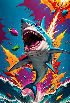 a shark with its mouth open in front of an explosion of fire and other colorful objects