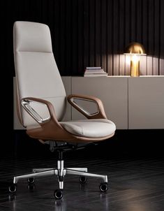 a white office chair sitting on top of a hard wood floor next to a book shelf