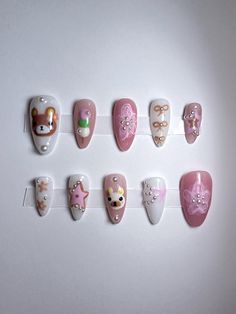 🚨PLEASE READ 🚨  Hello! IMPORTANT INFORMATION All of my sets are made with gel polish. My nail kit includes: ⭐️10 handmade press on nails ⭐️Nail glue ⭐️Nail buffer ⭐️Nail file ⭐️Cuticle pusher Measurements:  I offer standard nail sizes and also custom sizes if you can measure your nail bed. Please message me if that is the route you want to take. It is no extra charge for custom nail sizes! We will work together to make sure your nails fit you well.  *I only offer square, coffin, and almond nai Nails Cherry Blossom, Rilakkuma Nails, Sakura Nails, K Pop Nails, Blossom Nails, Nails Cherry, Nails Star, Nails Bow, Nail Designs For Summer