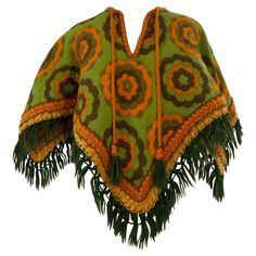 1960s Lime Orange & Yellow Wool Fringed Flower Power Micro Poncho w Ties: Reversible with a quilted look! Great for a chilly fall night at the beach! Measures 24" Front tie at neck to fringed front point. One size fits most. Primary Color Clothes, Flower Power Outfit, 70s Embroidery, Solarpunk Fashion, Fall Night, 70s Clothing, 70s Inspired Fashion, Artsy Photos, Orange And Yellow