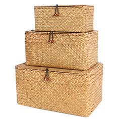 PRICES MAY VARY. Set of 3 Wicker Basket - Multiple sizes are combined to meet daily storage needs.Large baksets：14.2"x9.4"x7.3", Medium Baskets:12.2"x7.1"5.9",Small Baskets:10.2"x5.5"x4.3" Premium Material - Woven storage basket is made of 100% natural wicker and metal frame with a light grass scent, perfect for storing nightstands Storage basket with lid is closed by a buckle, which is dust-proof and prevents naughty babies or pets from opening the box, so that the items have a safe storage env Baskets With Lids, Wicker Basket With Lid, Shelf Baskets, Decorative Storage Bins, Baskets For Shelves, Seagrass Storage Baskets, Storage Baskets With Lids, Rectangular Baskets, Wicker Shelf