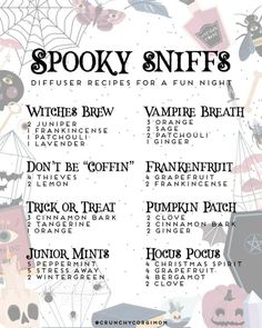 Essential oil blends for spooky vibes in your house. Witchy Essential Oil Diffuser Blends, Witchy Diffuser Blends, Witchy Essential Oil Blends, Witchy Scents, Essential Oil Perfumes Recipes, Fall Diffuser Blends, Halloween Breakfast