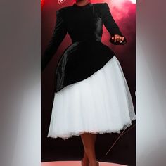 Never Worn. Has Shoulder Pads. Size Large (See Picture With Size Guide Info) Elegant White Long Sleeve Tutu Dress, Elegant Black Tutu Dress With Tulle Skirt, Luxury Black Elegant Tutu Dress, Black Winter Dress With Doll Collar, Black Velvet Dress White Collar, White Tulle Dress, Feather Skirt, Tulle Midi Dress, White Tulle