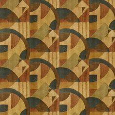 an abstract pattern with circles and shapes in brown, blue, yellow and green colors